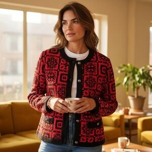 Vintage 80s Red Faux Quilted Button Black/Red Secretary Jacket Top Made in USA